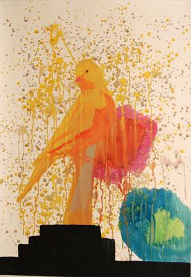 Miki Leal. El pájaro solitario. 100 x 70 cm., acrílico y acuarela / papel. 2008