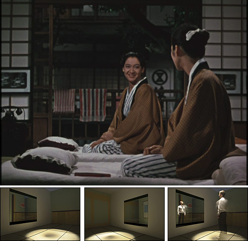 En la imagen, arriba, fotograma de Akibiyori, 1960, del film de Yasujiro Ozu. Abajo imágenes de la instalación por Zimón Zabell
