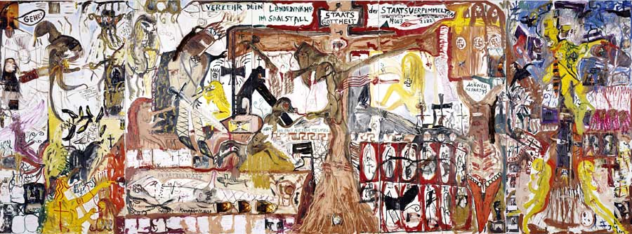 Jonathan Meese. Die Staatsversuchung der Gebenedeiten im Erzland, 2003 Óleo sobre lienzo / Oil on canvas - 5 paneles- panels - 370 x 1,000 cm