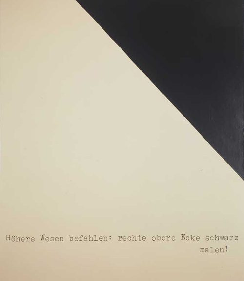 Sigmar Polke, Höhere Wesen befahlen: rechte obere Ecke schwarz malen!, 1969, Lack auf Leinwand, 149 x 124 cm, Privatsammlung.